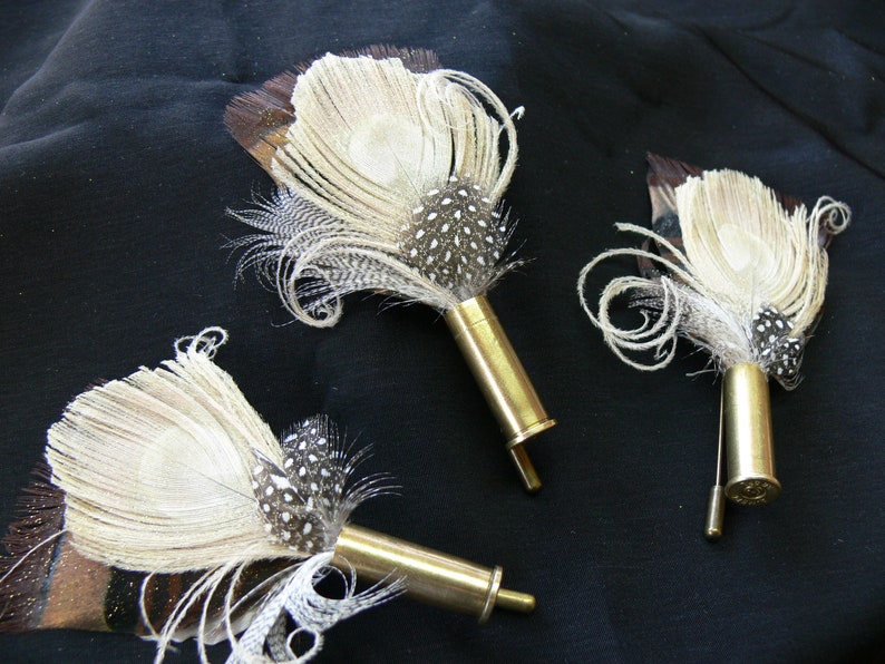 Small Bullet Casing Boutonnière pin, Peacock Pheasant and Turkey feather, choice of colors and casing, Wedding, Anniversary, Pallbearer image 2
