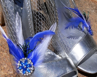 Something BLUE Shoe Clips, Sapphire blue silver crystal flower gemstone center with royal blue and white feathers, herl accents