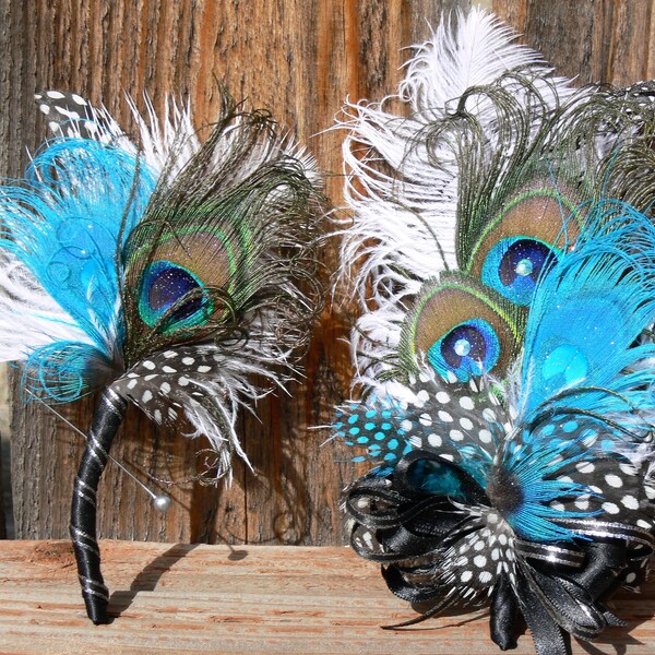 Peacock Feather Corsage, Wristlet and Boutonniere matching set for Prom, Dance, Homecoming or Wedding