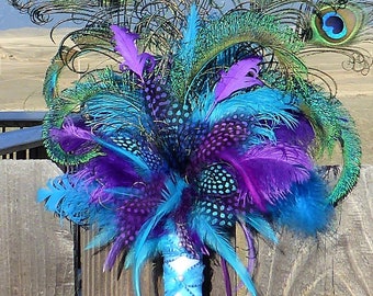 Peacock Feather Fan Bouquet, Bridal Wedding Bouquet, Portrait Bouquet, purple and turquoise shown, your choice of colors