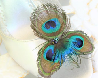 Peacock Feather Shoe clips with herl and beading in blue, green, aqua, teal, gold and brown, Wedding, Engagement, Prom, Purse Clip