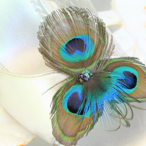 Peacock Feather Shoe clips with herl and beading in blue, green, aqua, teal, gold and brown, Wedding, Engagement, Prom, Purse Clip