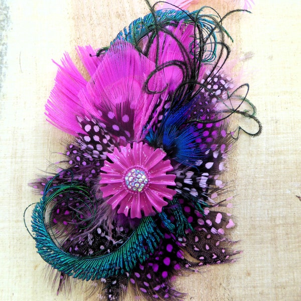 Pretty in Pink Feather Fascinator Hair Flair with peacock herl and rhinestone flower, Wedding, Engagement, Birthday, Cruise, Graduation