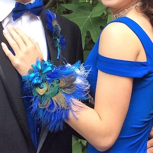 Peacock Feather Corsage Wristlet & Boutonniere Set: Custom Wedding Prom