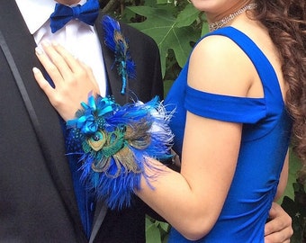 Peacock Corsage Wristlet and Boutonniere matching set for Wedding, Prom, Dance, Anniversary, Special Occasion, choose your colors and theme