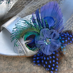 Peacock Shoe Clips, Garter Clip, Purse clip, in royal blue peacock and guinea with jeweled ribbon bow, Something Blue image 2