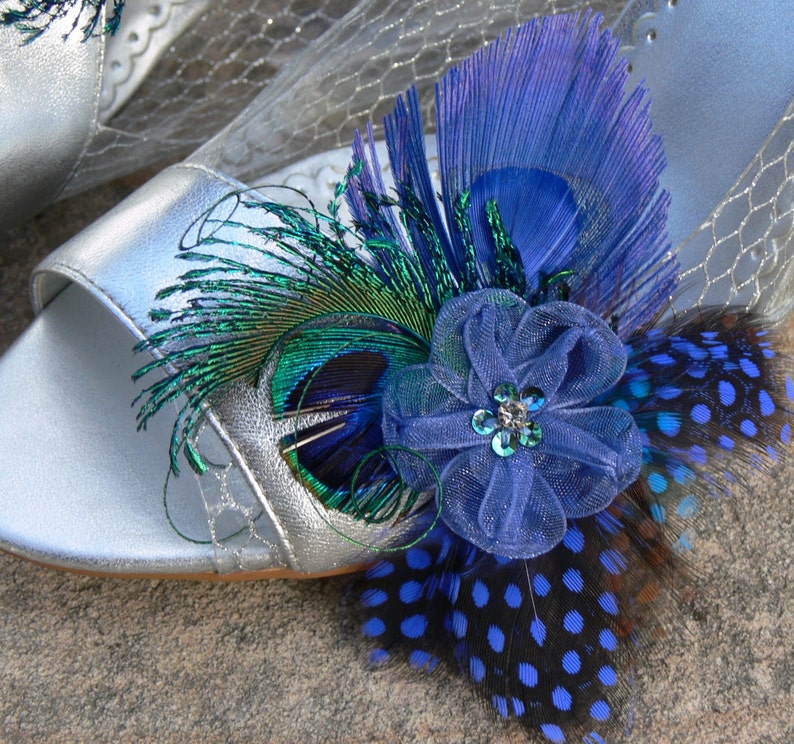 Peacock Shoe Clips, Garter Clip, Purse clip, in royal blue peacock and guinea with jeweled ribbon bow, Something Blue image 2