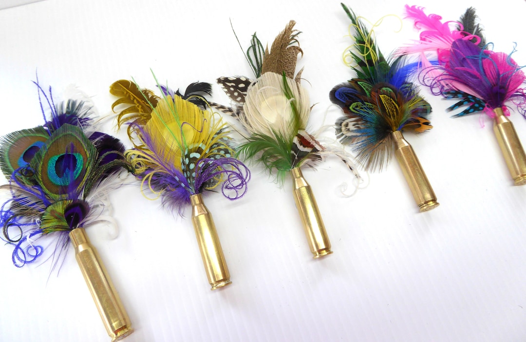 Brass Bullet Rifle Casing Feather Boutonnière Peacock, Choice of Colors ...
