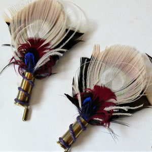 Small Bullet Casing Boutonnière pin, Peacock Pheasant and Turkey feather, choice of colors and casing, Wedding, Anniversary, Pallbearer image 10