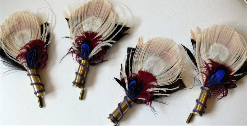 Small Bullet Casing Boutonnière pin, Peacock Pheasant and Turkey feather, choice of colors and casing, Wedding, Anniversary, Pallbearer image 10