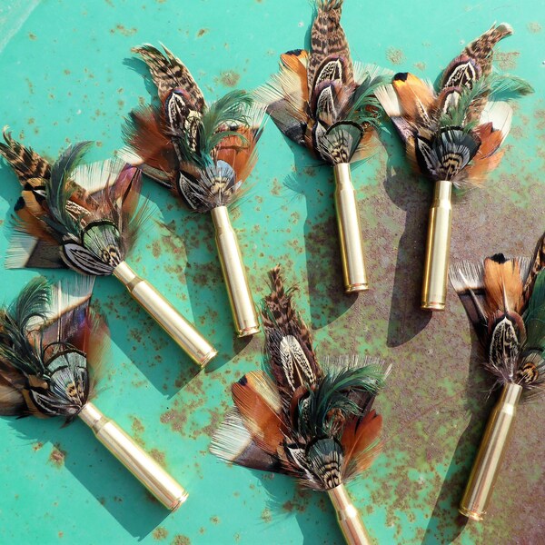 Rifle Brass Bullet Casing, Feather Boutonniere, Pheasant, Turkey, Duck, perfect for Outdoorsman, Wedding, Retirement, Funeral, Pastor, Prom