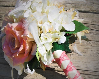 SALE!  READY to SHIP.  Wedding Bouquet, Bridal Portrait, Vow Renewal.  Ivory, blush, pink, hydrangea, rose, dahlia, mums.