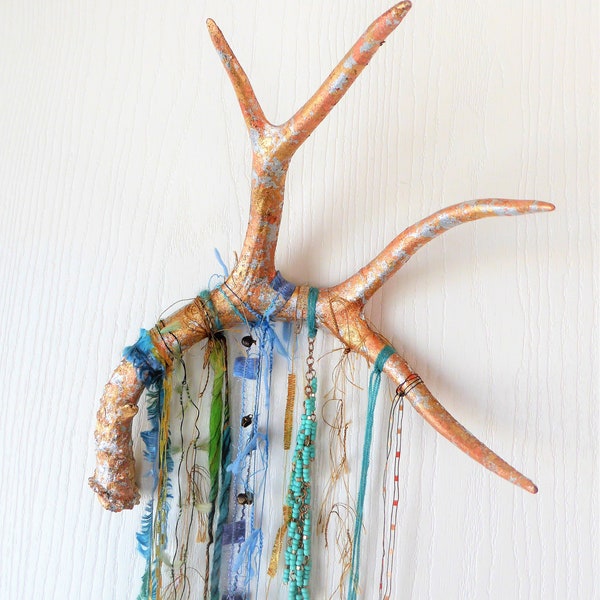 Genuine Antler Shed Wall Hanging, gilded deer Antler Shed, Boho, Eclectic, multi fringe and beads in blues and turquoise, Unique Gift