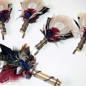 Small Bullet Casing Boutonnière pin, Peacock Pheasant and Turkey feather, choice of colors and casing, Wedding, Anniversary, Pallbearer image 8