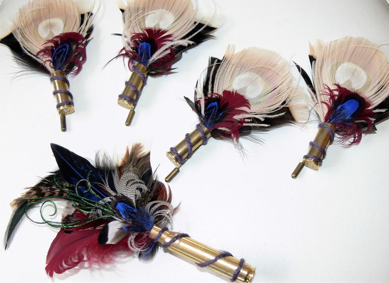 Small Bullet Casing Boutonnière pin, Peacock Pheasant and Turkey feather, choice of colors and casing, Wedding, Anniversary, Pallbearer image 8