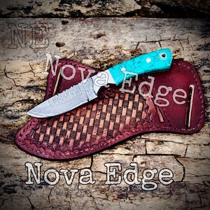 Handmade Damascus Steel Skinning Knife 3" Blade Western Cowboy with Green Turquoise Handle 4" - Hunting & Outdoor Knife