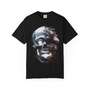 Camiseta de calavera floral Skelett, camiseta unisex estética, camiseta con gráficos atrevidos, regalo para amantes del arte, ropa informal, camiseta de Halloween con colores cómodos