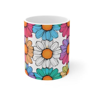 Colorful Floral Mug: 11oz Ceramic Coffee Cup, Boho Kitchen Decor
