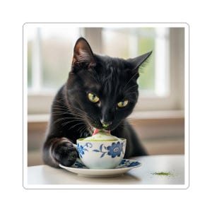 Cute Cat Kiss-Cut Stickers | Black Cat Tea Time Vinyl Decals | Perfect for Cat Lovers, Gifts, Scrapbooking, Laptop, Journals