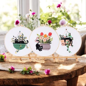 Black Cats Embroidery Kit: Floral Beginner DIY Craft (20cm)