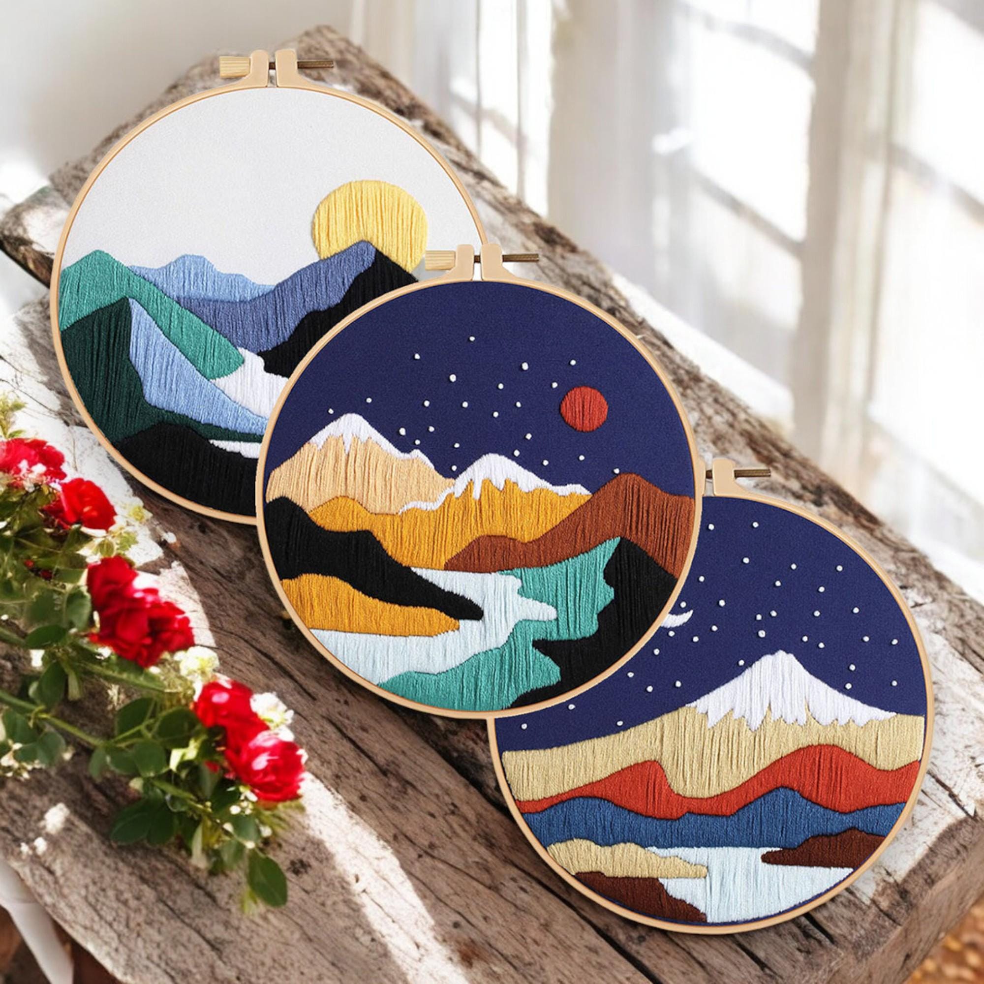 風景刺繍キット：初心者向けDIYクラフト、山の夕日のデザイン - Etsy 日本