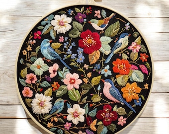 Puede incluir: Arte de bordado en aro con fondo negro, flores de colores, hojas y pájaros azules. El aro es de madera y tiene un acabado natural.