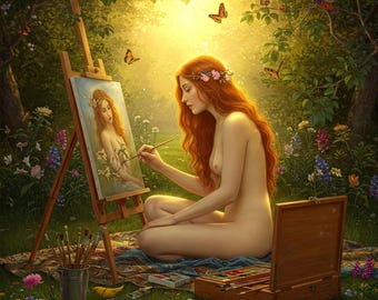 The Muse’s Reflection – Ethereal Fantasy Digital Painting, AI Fine Art Printable, Mystical Artist at Work