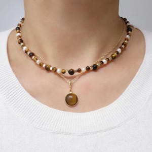 Dainty Tiger&#39;s Eye Choker Necklace with Freshwater Pearl, 14K Gold Plated Layered Necklace, Beaded Gemstone Jewelry, Minimalist Gift for Her