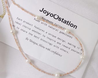 Round Freshwater Pearl Necklace with Sunstone, Natural Gemstone Beaded Jewelry, Dainty Elegant Jewelry for Women, Minimalist Gift for Her