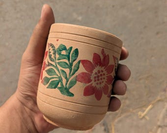 Handbemaltes Terrakotta Glas Set: Florale Tee Kaffeetasse