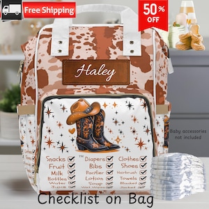 Personalized Cowgirl Diaper Bag Backpack | Western Baby Bag with Checklist | Rustic Baby Shower Gift | Custom Name Mom Bag | Diaper Bag