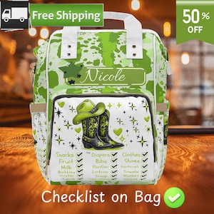 Customize Cowgirl Baby Diaper Bag Backpack, Western Green Boots & Hat Design, Baby Shower Gift, Western Baby Bag, Country Style Baby Bag