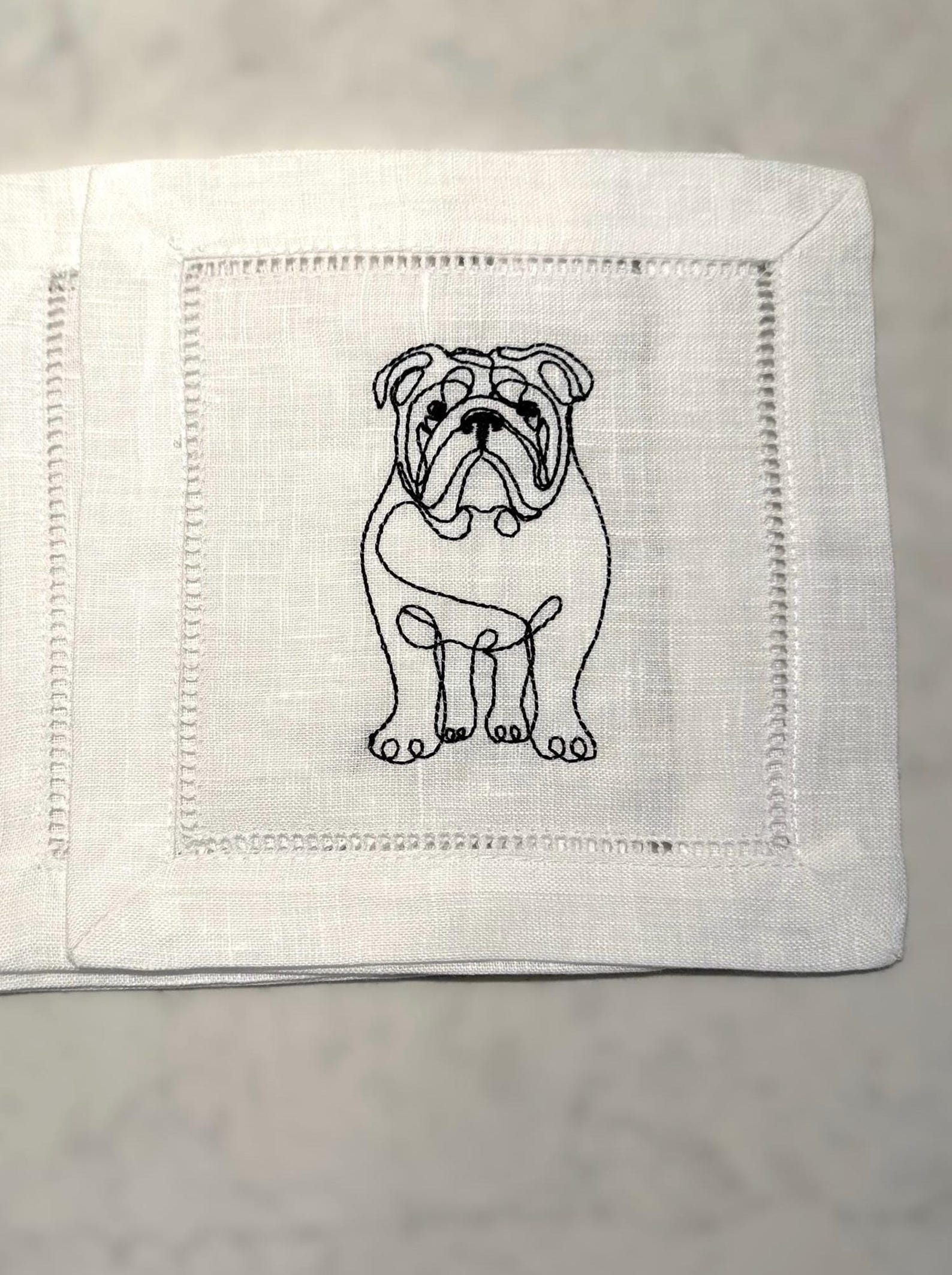 Bulldog Embroidered Cocktail Napkin | 6x6 Hemstitch Linen Coaster | Gifts for Dinner Party, Housewarming, Birthday, UGA and English Bulldog