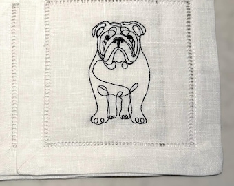 Bulldog Embroidered Cocktail Napkin  | 6x6 Hemstitch Linen Coaster | Gifts for Dinner Party, Housewarming, Birthday, UGA and English Bulldog