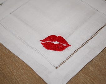 Kiss Embroidered Cocktail Napkin  | 6x6 Hemstitch Linen Coaster | Gifts for Dinner Party, Bachelorette, Birthday, Valentine's Day