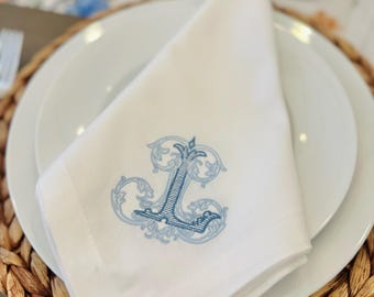 Vintage Monogram Embroidered Dinner Napkin | 20x20 inch Cotton Dinner Napkin | Personalized with Initial | Gift for hosting, birthdays +more