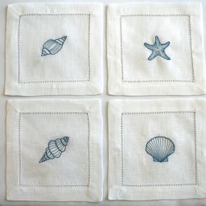 Sea Shell Embroidered Cocktail Napkin Set of 4 | 6x6 Hemstitch Linen | Coastal Beach Dinner Party | Housewarming, Birthday, or Host Gift