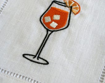 Aperol Spritz Embroidered Cocktail Napkin | 6x6 Hemstitch Linen Coaster | Gifts for Dinner Party, Housewarming, Birthday, Weddings
