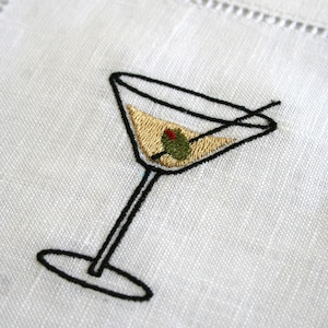 Martini and Olive Embroidered Cocktail Napkin with Initials | 6x6 Hemstitch Linen Coaster | Gift for Housewarming, Birthday, Weddings