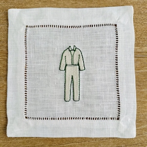 Golf Tournament Caddy Suit Embroidered Cocktail Napkin | 6x6 Hemstitch Linen Coaster | Dinner Party, Housewarming, Birthday, Golfers Gift