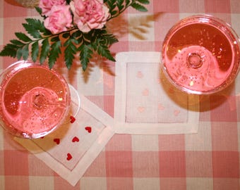 Heart Confetti Embroidered Cocktail Napkin | 6x6 Hemstitch Linen Coaster | Gifts for Dinner Party, bachelorette party, Galentine’s
