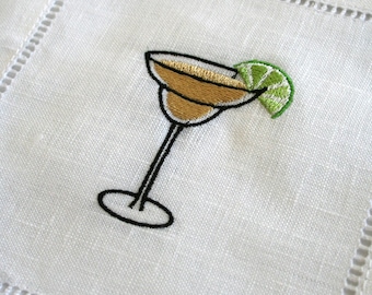 Margarita and Lime Embroidered Cocktail Napkin + Initials | 6x6 Hemstitch Linen Coaster | Gift, Housewarming, Birthday, Cinco de Mayo