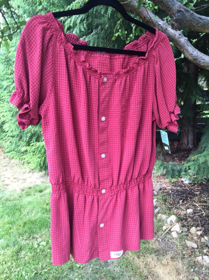 SALE Peasent Blouse Red Plaid Upcycled Eco Clothing