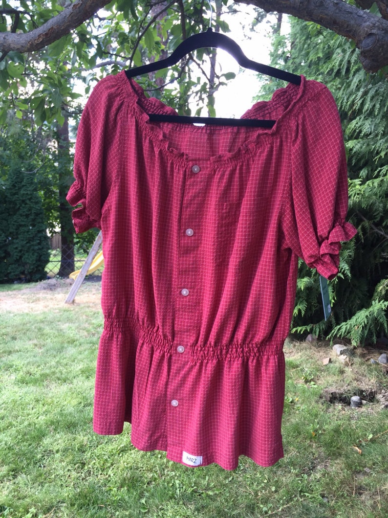 SALE Peasent Blouse Red Plaid Upcycled Eco Clothing