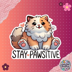 Sticker Stay Pawsitive – Jeu de mots avec chat en vinyle – Sticker imperméable pour ordinateur portable – Cadeau pour les amoureux des animaux – Agenda et autocollants pour bouteille d'eau