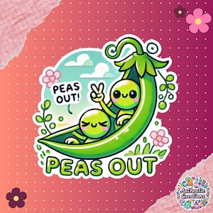 Adesivo Peas Out - Divertente gioco di parole kawaii sui piselli - Adesivo in vinile con umorismo vegano e cibo - Regalo per gli amanti del cibo - Adesivo per planner e bottiglia d'acqua - Simbolo della pace