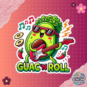 Guac'n Roll-sticker - coole kawaii avocado speelt gitaar woordspeling, grappige gestanste vinylsticker, waterdichte sticker laptop, dagboek en waterfles
