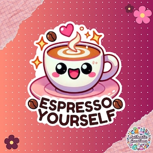 Sticker café expresso amusant - Sticker vinyle mignon tasse de café - Cadeau amateur de café - Sticker étanche ordinateur portable et bouteille d'eau - Jeu de mots