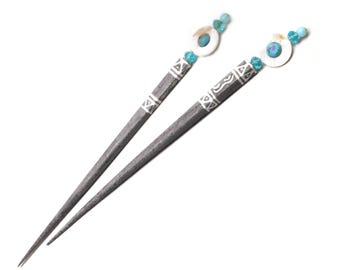 Handmade Pair of Y2K Vintage Hair Chopsticks Mother-of-Pearl Shell Donut with Floating Rose Lampwork Glass OOAK