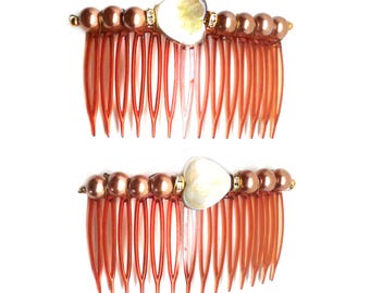 Set of 2 Hair Combs Mother of Pearl Shell Heart Mocha Glass Pearls OOAK